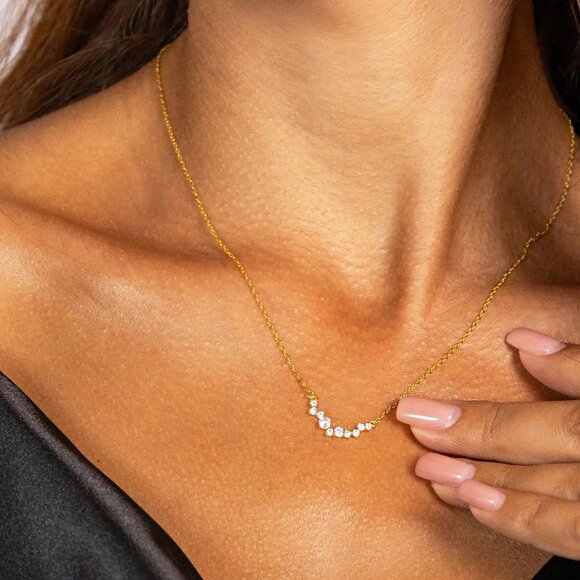 925 Sterling Silver Dainty Cluster Necklace, 18k Gold Plated Minimalist Layering - Picture 1 of 4